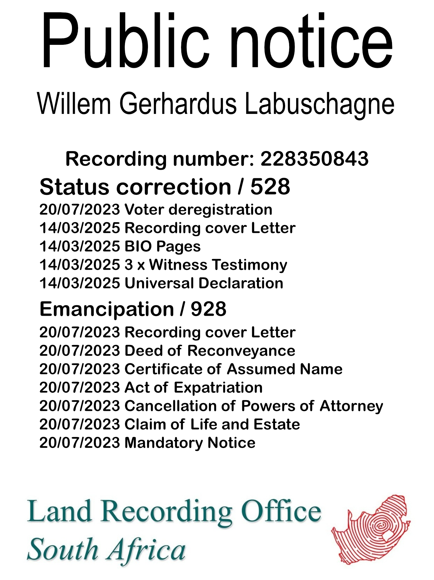 Public Notice Willem Gerhardus Labuschagne (c) Recording number 228350843